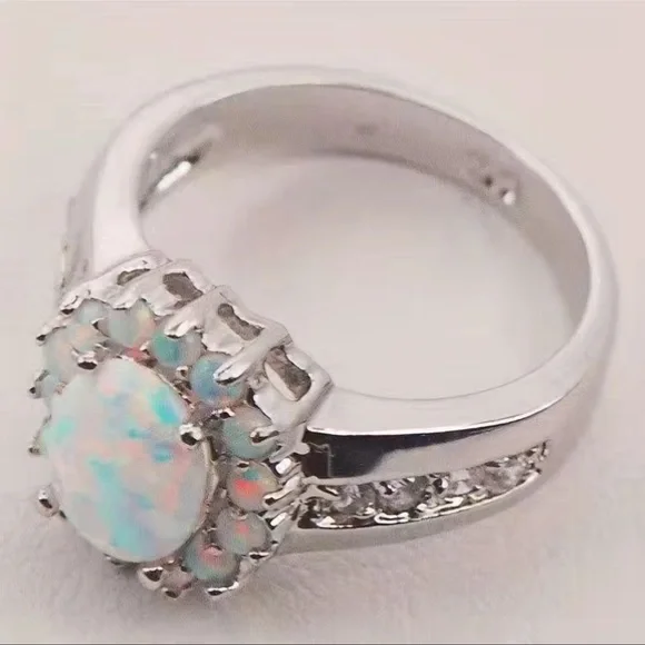 Opal Sunflower, Lab created, Flower Shape, Side Cubic Zirconia Fairy Ring, Sz 7 - Picture 3 of 13